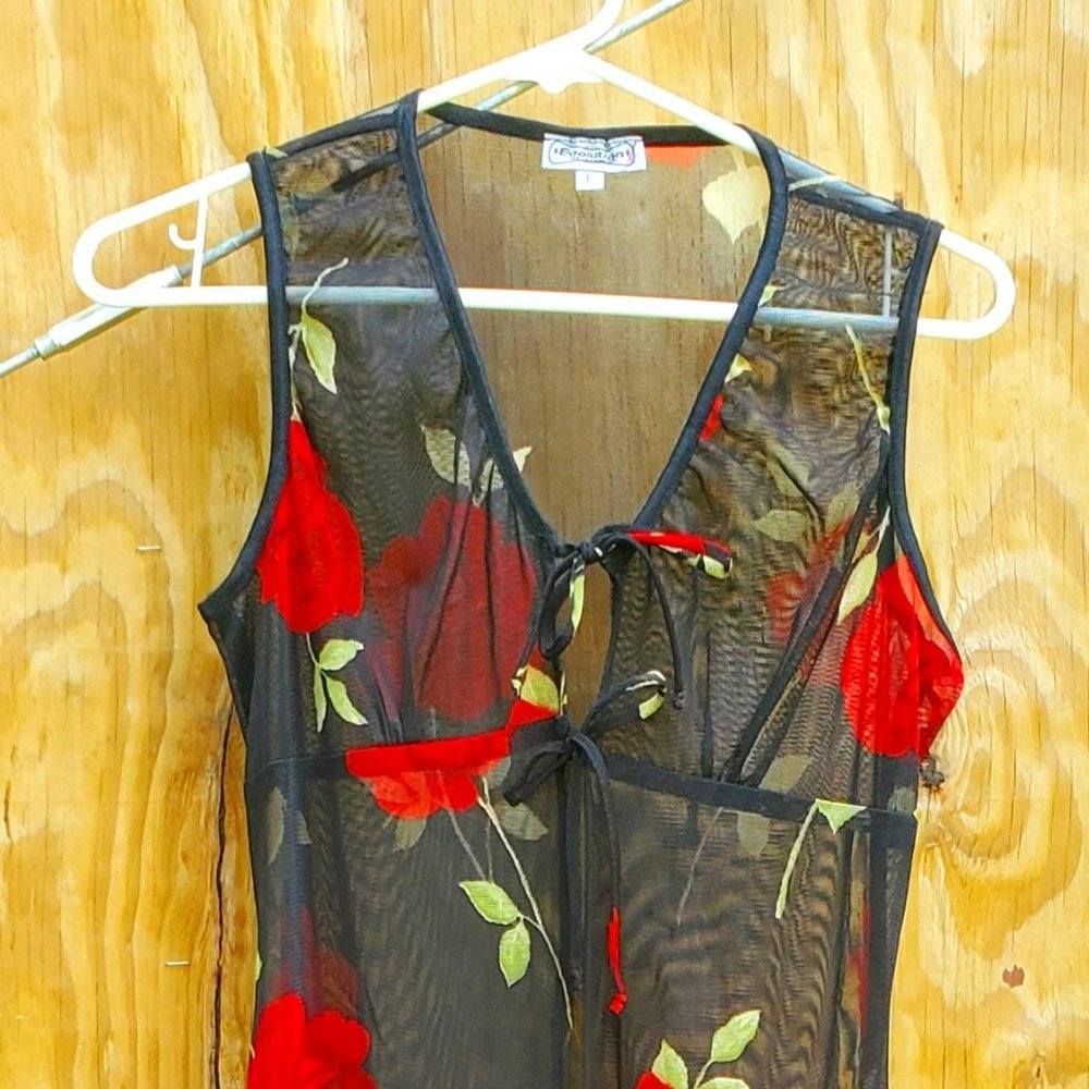Sheer Country Rose Red and Black Flower Tunic-Style Over Dress